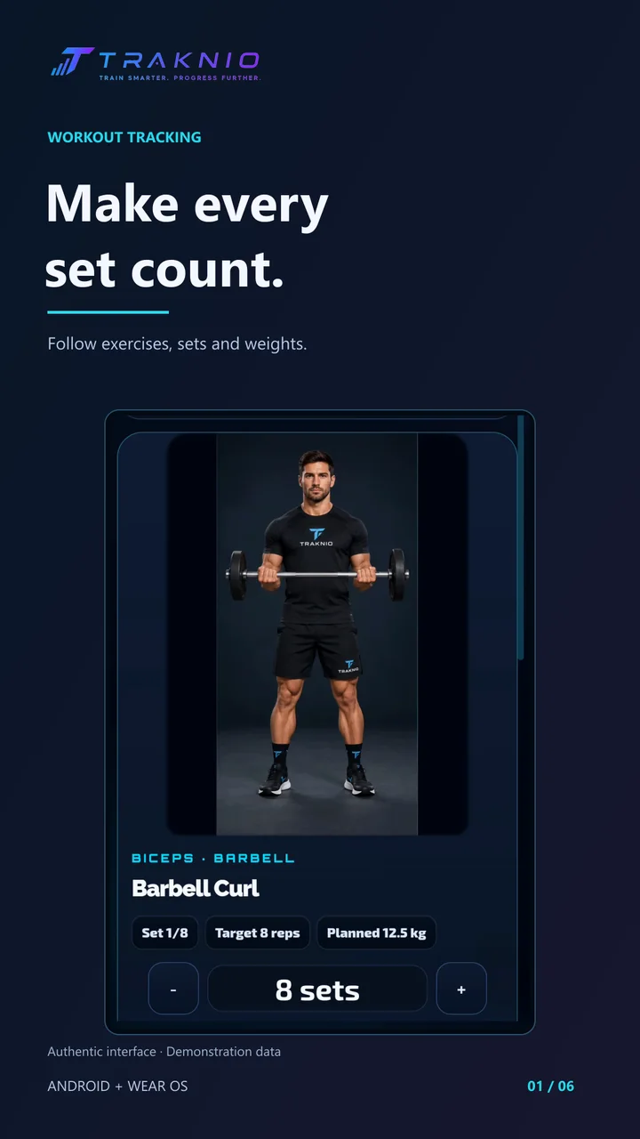 Workout tracking — Traknio English promotional composition with authentic app capture