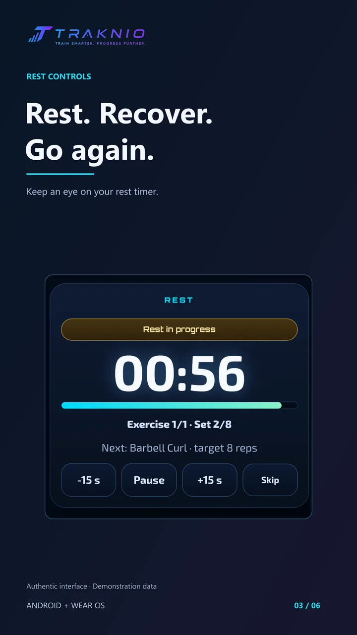 Rest timer — Traknio English promotional composition with authentic app capture