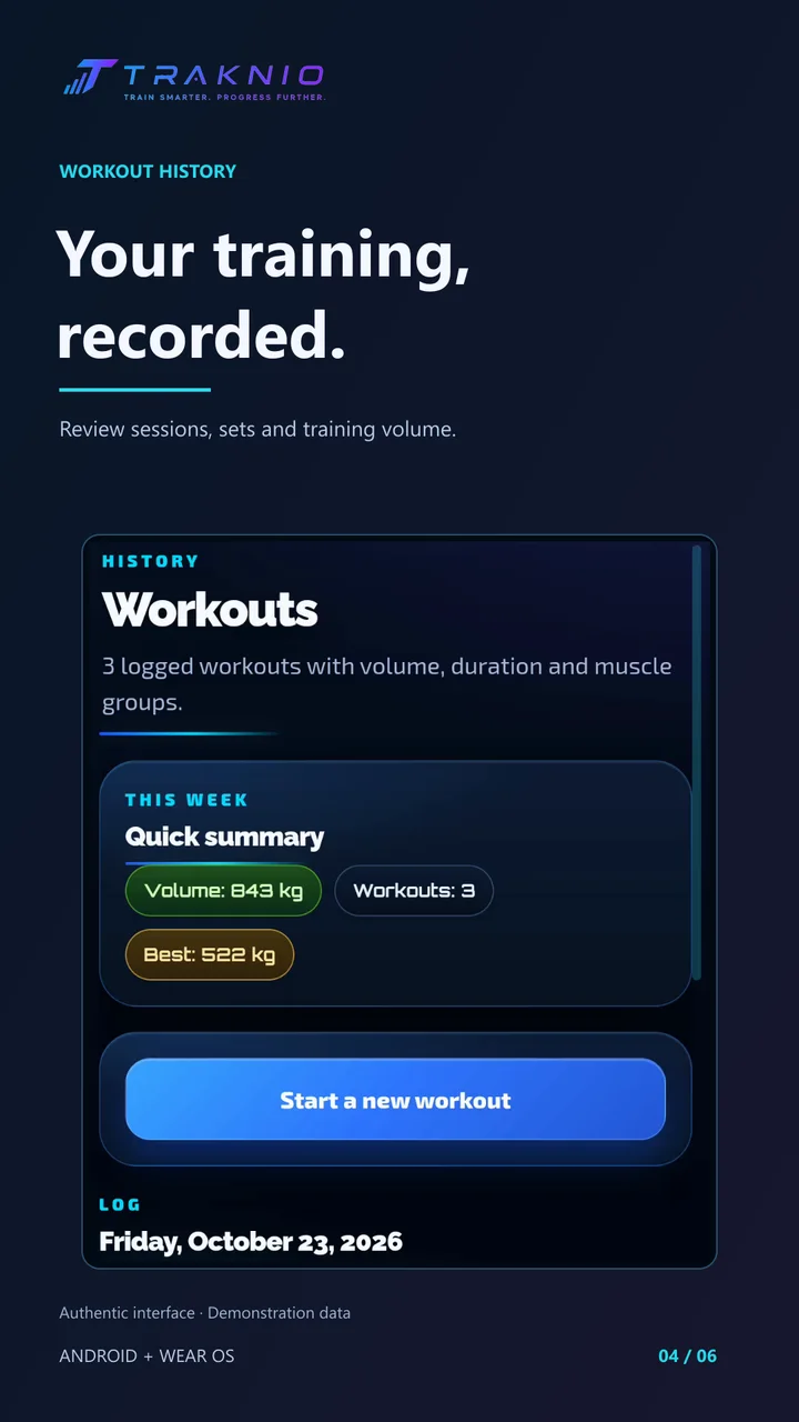 Workout history — Traknio English promotional composition with authentic app capture