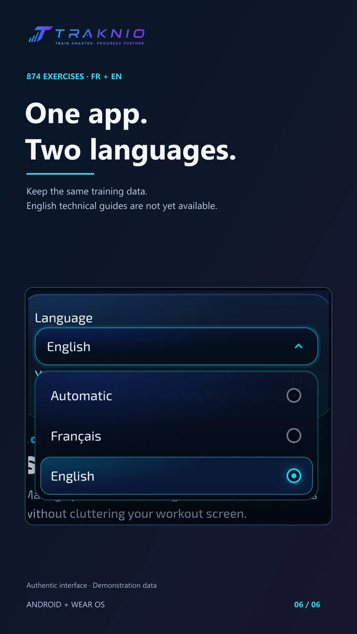 874 exercises and French and English interfaces — Traknio English promotional composition with authentic app capture