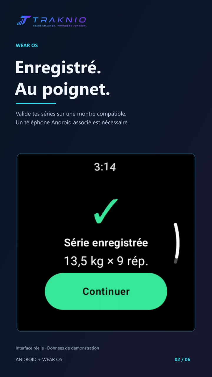 Série enregistrée sur Wear OS — visuel Traknio validé en français