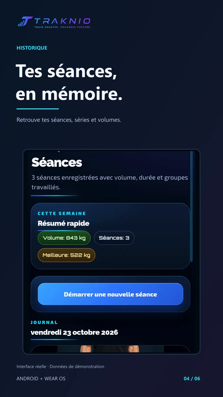 Historique des séances — visuel Traknio validé en français