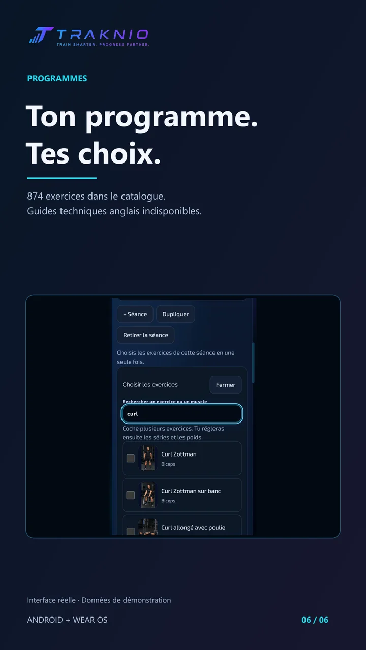 Programme et catalogue de 874 exercices — visuel Traknio validé en français